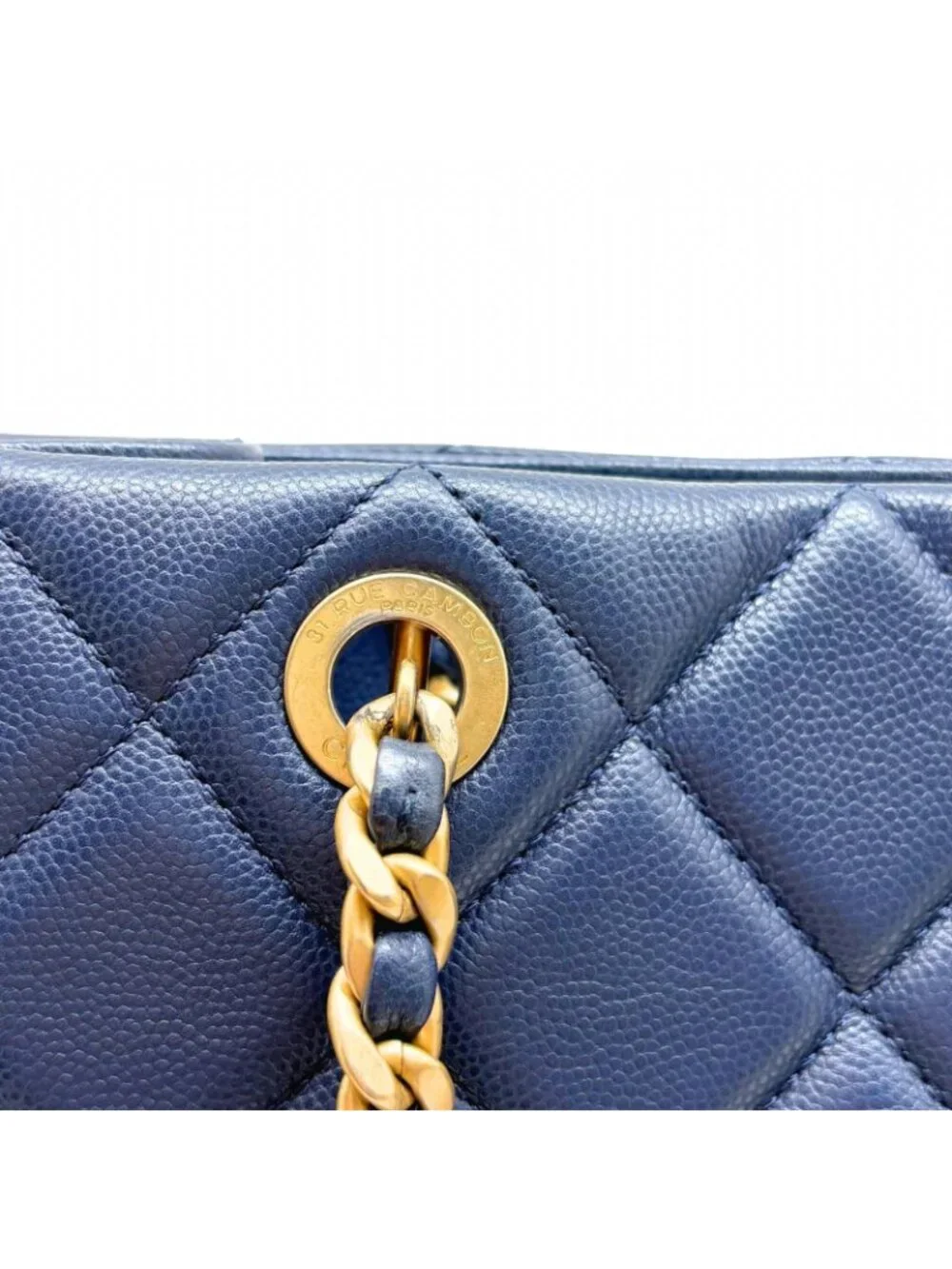 Chanel Quilted Chain Tote Navy Gold Shoulder Bag Caviar Leather